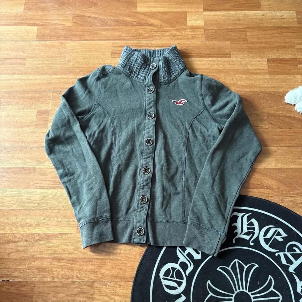 Hollister Green Button-Up Mock Neck Sweatshirt Cardigan